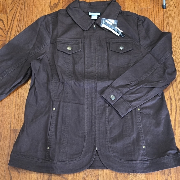 Liz&Me Women's Plus16 Dark Brown Denim Utility Zipper Barn Style Pocket Jacket - Picture 12 of 16